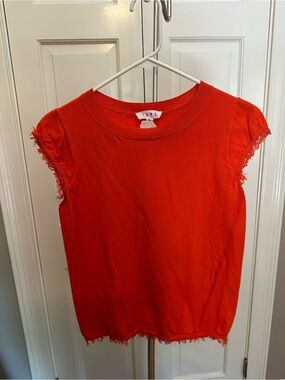 THML Vibrant Red/Orange Ribbed Knit Top with Raw Edge Detail